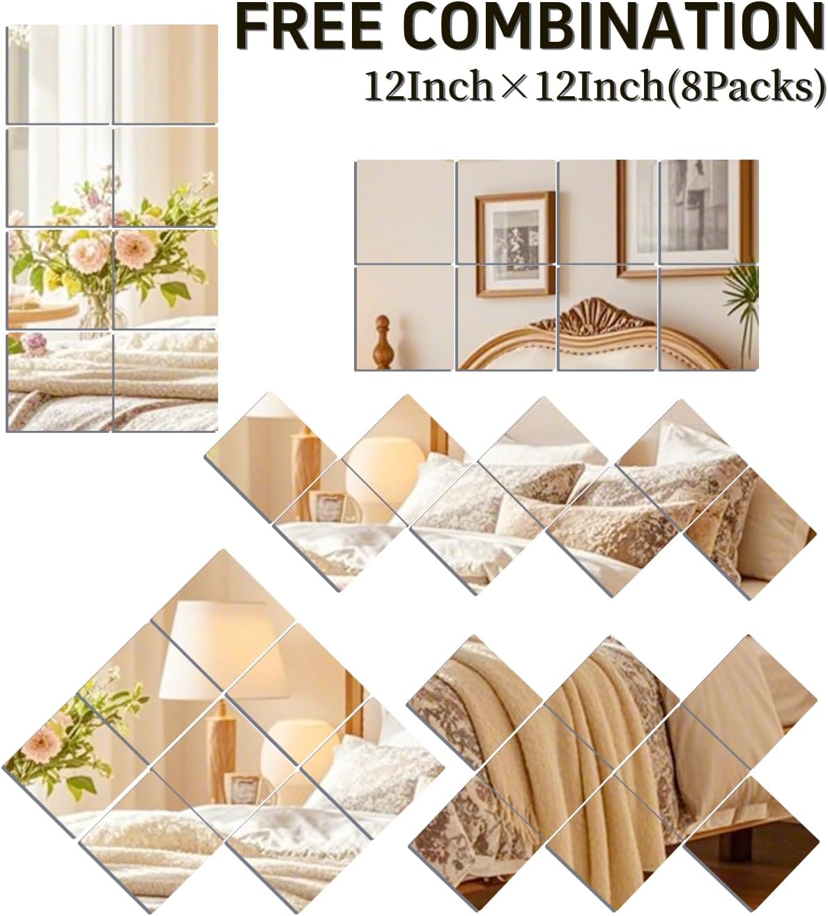 Glass Mirror Tiles for Wall 12" x 12" Frameless Full Length Mirror Wall Mounted Full Body Mirrors for Bedroom Home Gym Door Bathroom (8PCS)