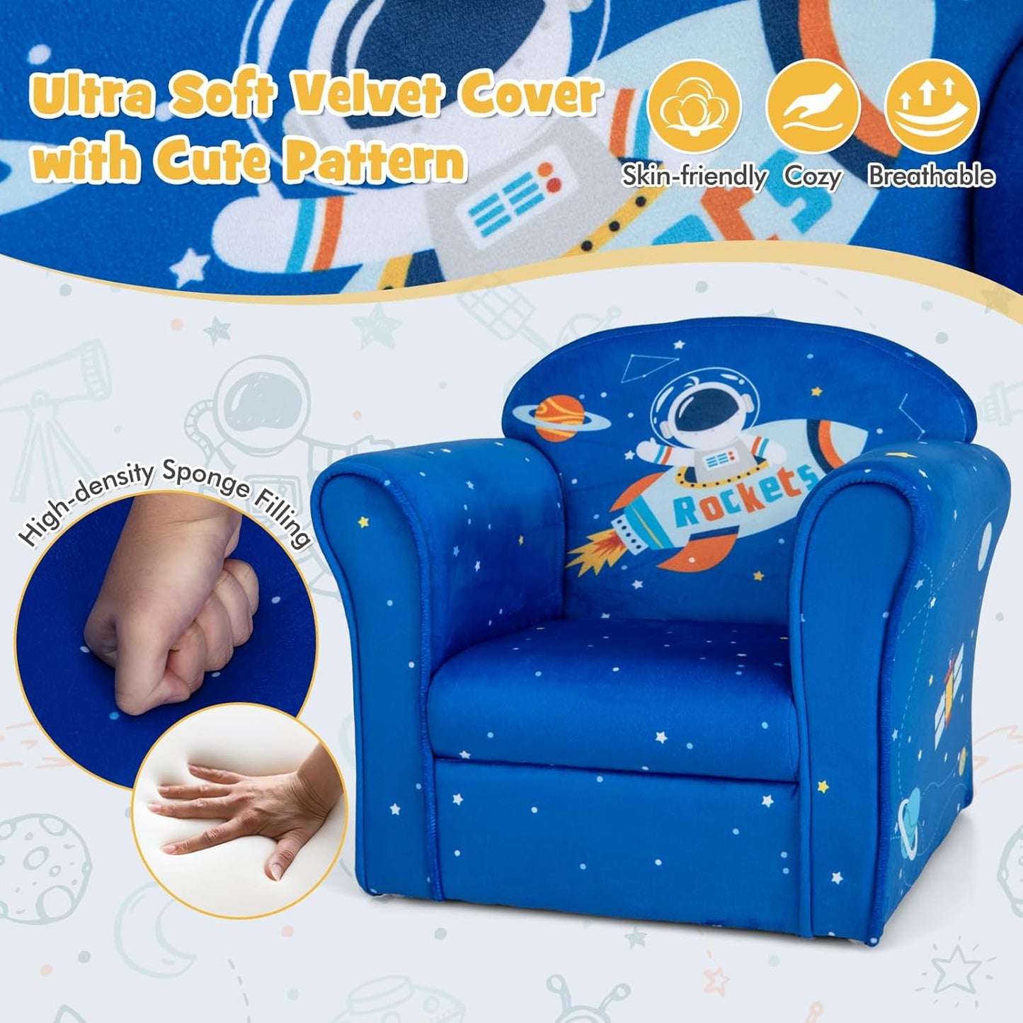 Costzon Kids Couch, Children's Sofa Armrest Chair with Pattern, Toddler Furniture w/Sturdy Wood Construction, Preschool, Lightweight Kids Couch Sofa Chair for Aged 1-5 Boys & Girls Gifts, Rocket