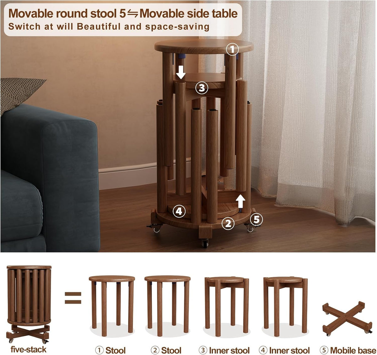 Stackable Stools Set of 4, Wooden Stool 18 Inch Stool Stackable Side Tables Nesting Table Sturdy and Durable, No Installation Required for End Table,Top Stackable Round Stools (Walnut Mobile)