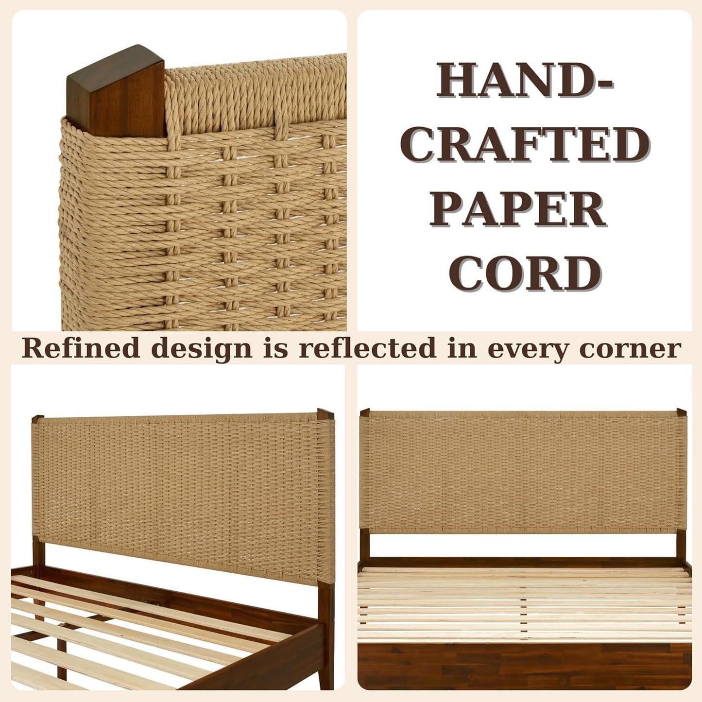 Bme Selina Wood Platform Bed Frame - Handcrafted Paper Cord Unique Headboard - No Box Spring Needed - 12 Strong Wood Slats Support - Easy Assembly - Queen, Dark Chocolate