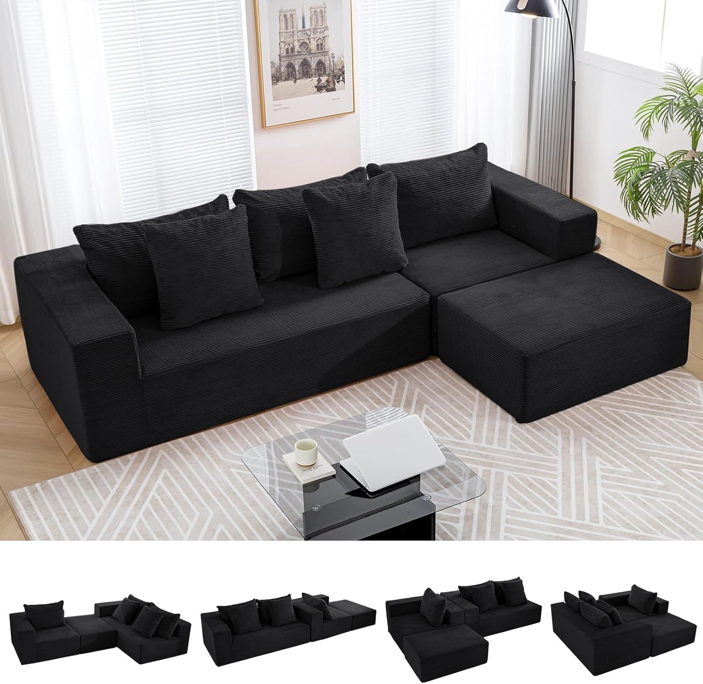 INGEROOM 108" Cloud Sectional Couch with L-Shape Chaise, Modular Sofa Memory Foam, Boneless Sofa with Movable Ottoman, Upholstered Couches for Living Room Bedroom, No Assembly Required, Black