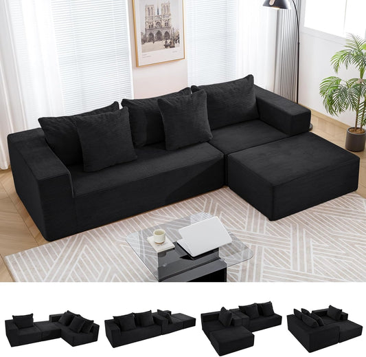 INGEROOM 108" Cloud Sectional Couch with L-Shape Chaise, Modular Sofa Memory Foam, Boneless Sofa with Movable Ottoman, Upholstered Couches for Living Room Bedroom, No Assembly Required, Black