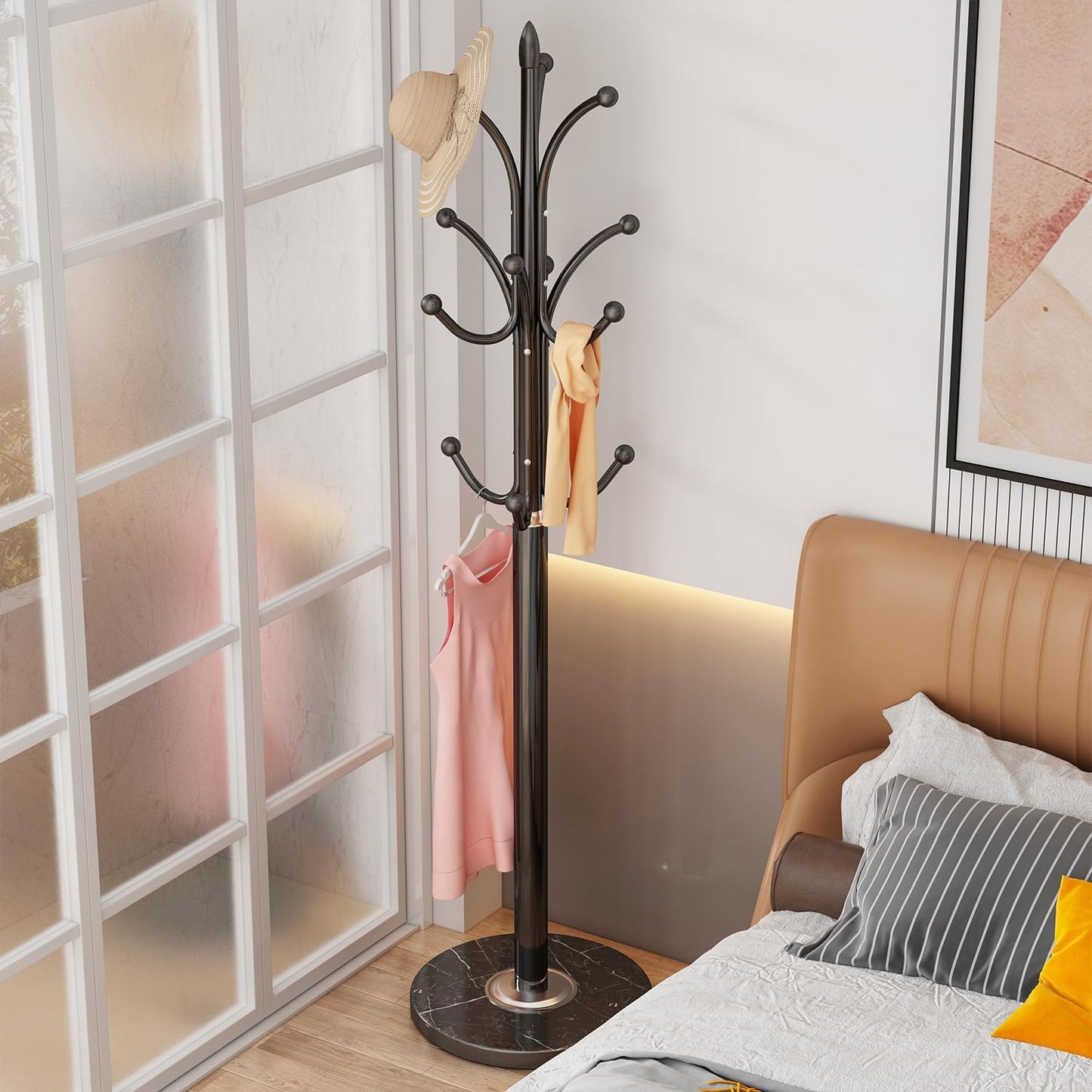 Black Coat Rack Freestanding, Metal Coat Hanger Stand, High-grade Entryway Hat Tree Coat Rack Stand with 12 Hooks & Natural Marble Base