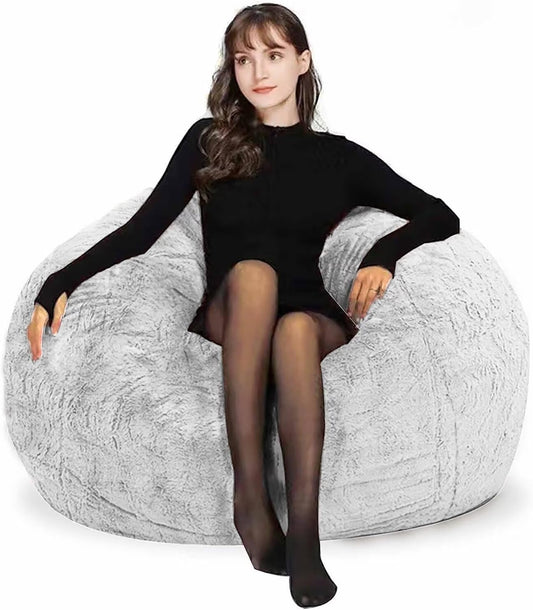 Bean Bag Chair for Adults Kids Without Filling Comfy Fluffy Round Beanbag Couch Lazy Sofa Cover for Reading Chair Floor Chair, 3.5FT, Silver White