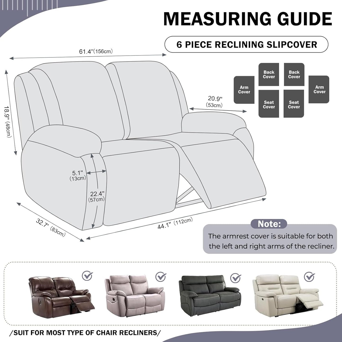 vctops 6 Pieces Geometric Jacquard Plush Recliner Loveseat Slipcovers Soft Fuzzy Fluffy Sofa Couch Cover Anti-Slip Furniture Protector with Elastic Bottom for Kids Cats Dogs(Grey,2 Seat)