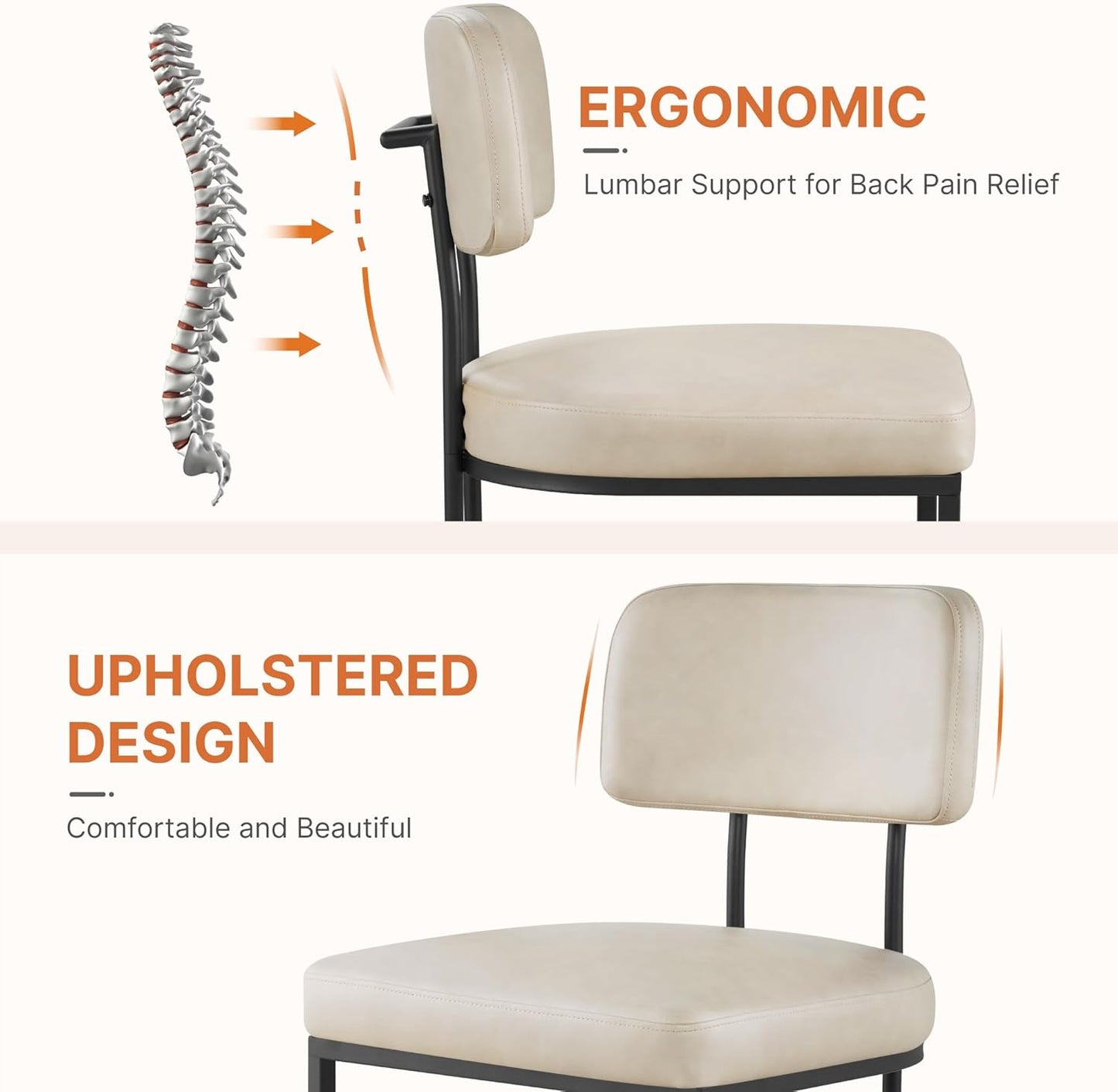 Dining Chairs Set of 6, Upholstered Modern Kitchen Chairs with Ergonomic Backrest, Faux Leather Cushion Seat & Metal Legs for Living Room, Restaurant, and Café, Beige, 2 Boxs