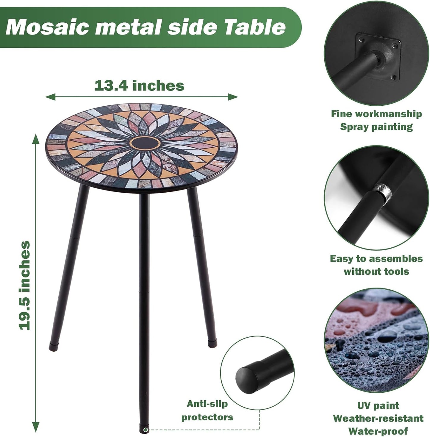 1 Pack Metal Mosaic Round Side Table Small 13.4" End Patio Round Accent Table Garden Corner Stand for Small Spaces Weather-Resistant for Balcony Plant Stand Indoor Outdoor