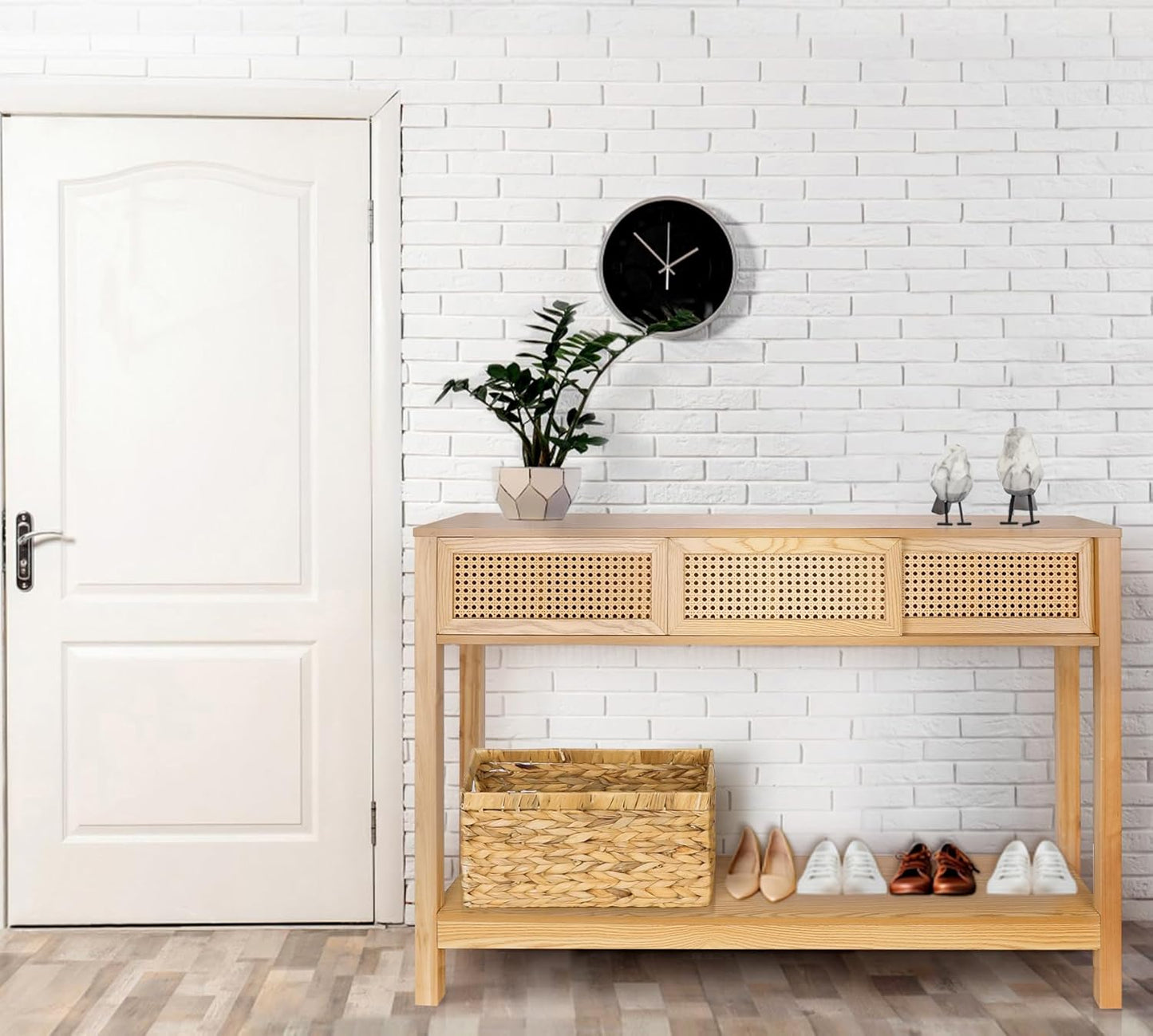 ZYBT Long Console Table, Console Tables for Entryway, Modern Narrow Wood Rattan Entryway Couch Hallway Boho Sofa Table with Storage Drawers for Living Room