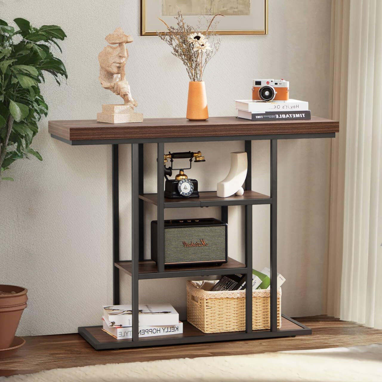 HABUTWAY 42" Industrial Entryway Table, Narrow 4-Tier Wood Console Table for Living Room, Accent Tables Living Room, Sofa Table for Front Door, Hallway, Foyer, Rustic Brown