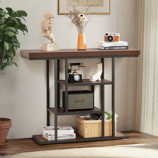 HABUTWAY 42" Industrial Entryway Table, Narrow 4-Tier Wood Console Table for Living Room, Accent Tables Living Room, Sofa Table for Front Door, Hallway, Foyer, Rustic Brown