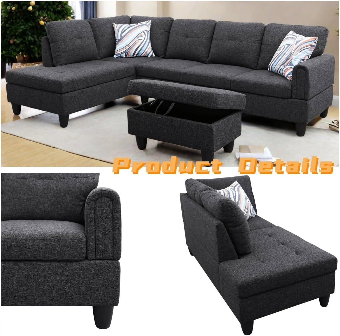 L Shaped Sectional Couch with Otttoman, 97" Sectional Sofa for Living Room Flannel Modular Couches with Cup Holders for Bedroom, Apartments, Black Grey