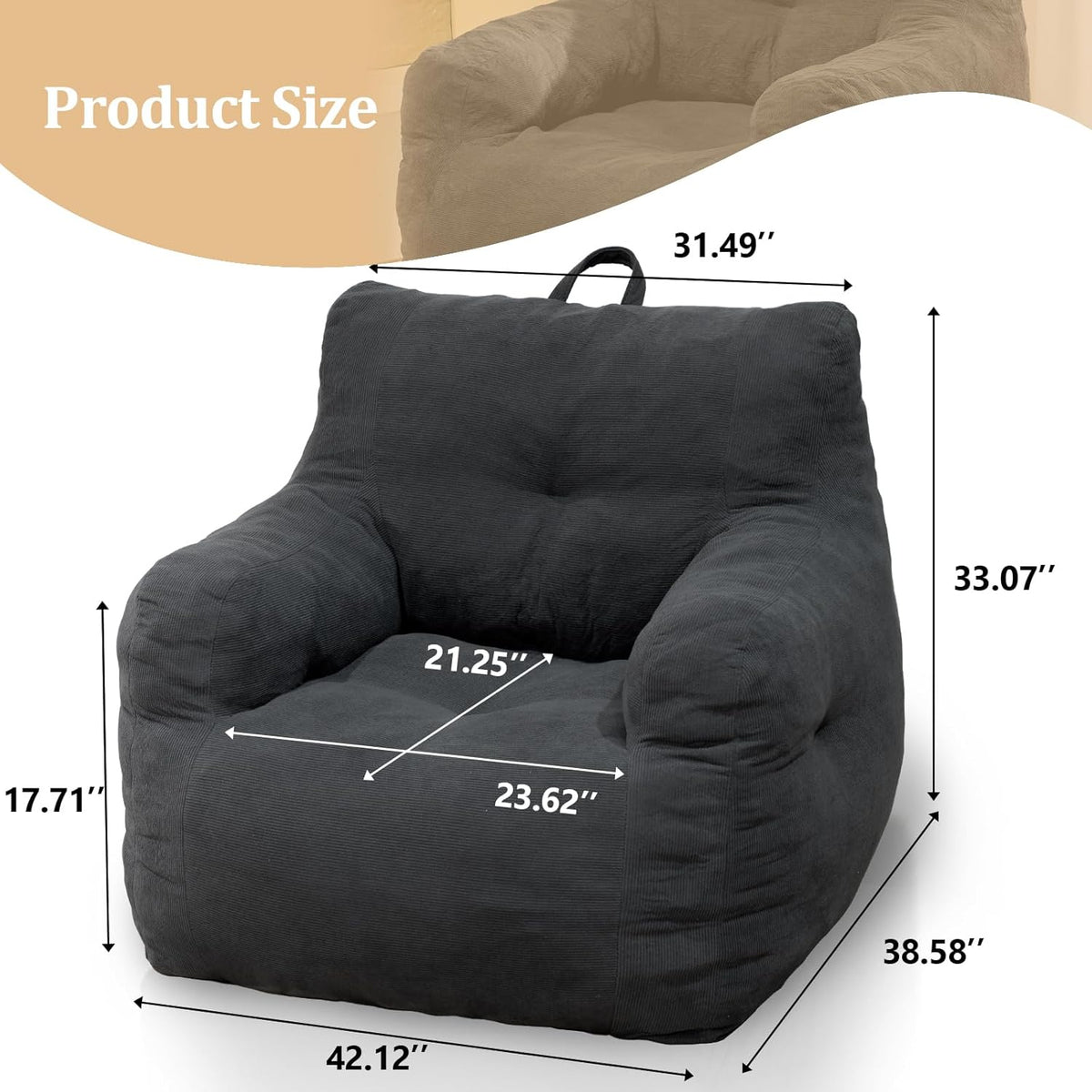 Bean Bag Chairs for Adults Ergonomic Support Reading Floor Sofa Chair with Filler Spacious (Grey) (Large)
