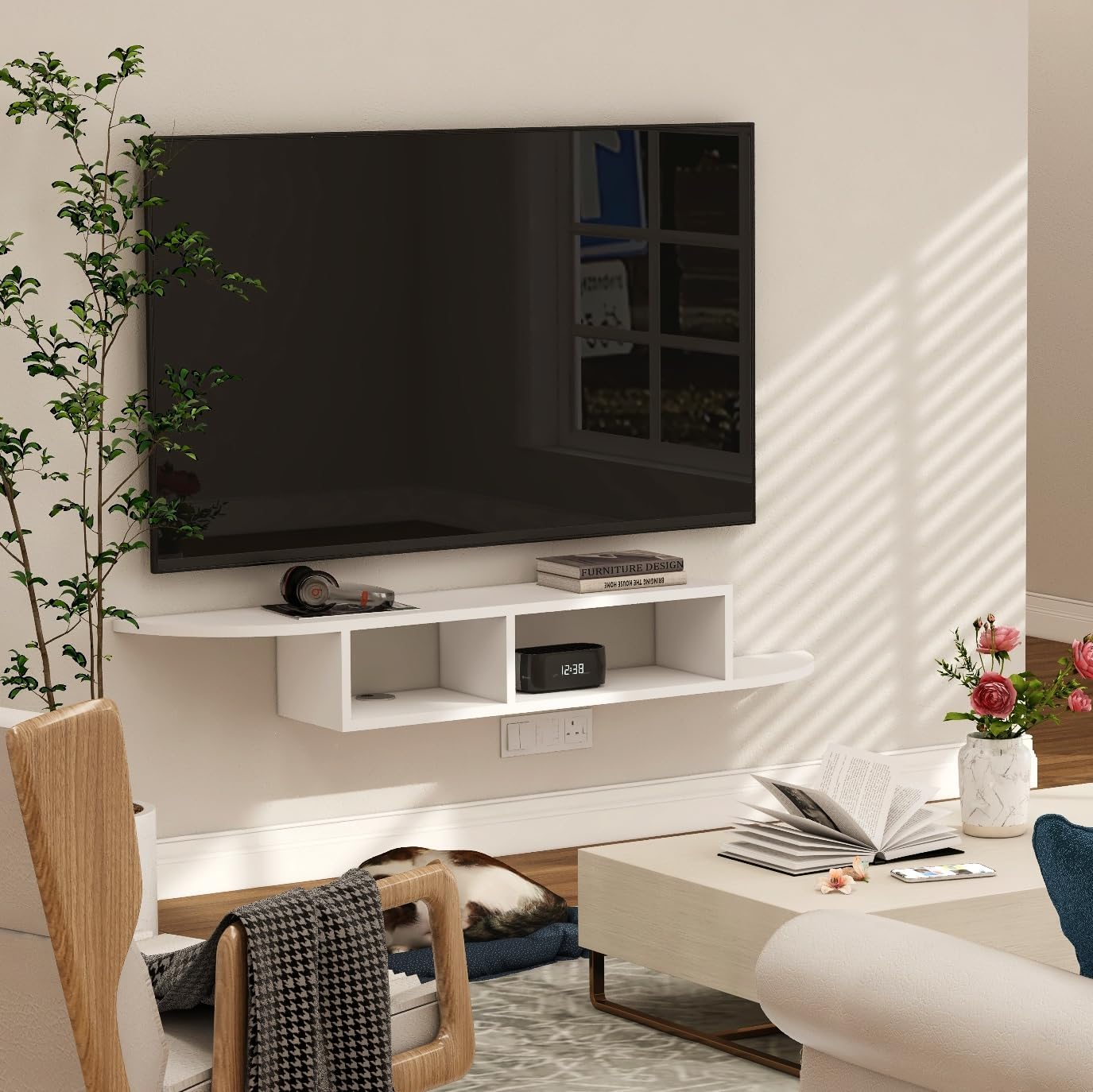 GHC Floating TV Stand, Wall Mounted Entertainment Center and Cabinet Shelf, TV Console with Storage, Media Console for DVD Player, Space-Saving Under TV Shelf for Bedroom, Living Room (White)