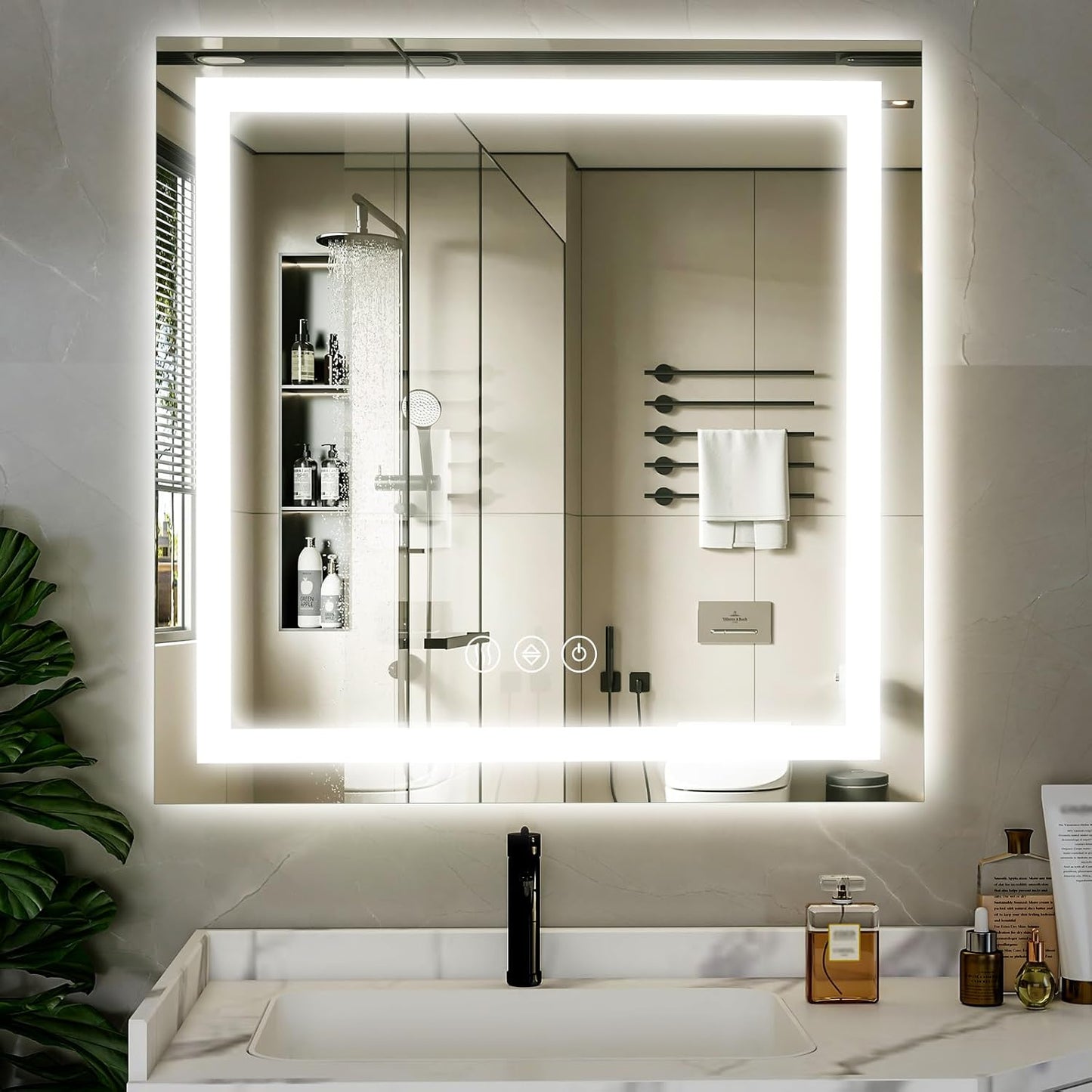47"x 47" LED Bathroom Mirror, Backlit + Front Lit, LED Bathroom Mirror with Lights for Wall, 3 Colors, Anti-Fog, Dimmable Brightness, Memory Function, Tempered Glass