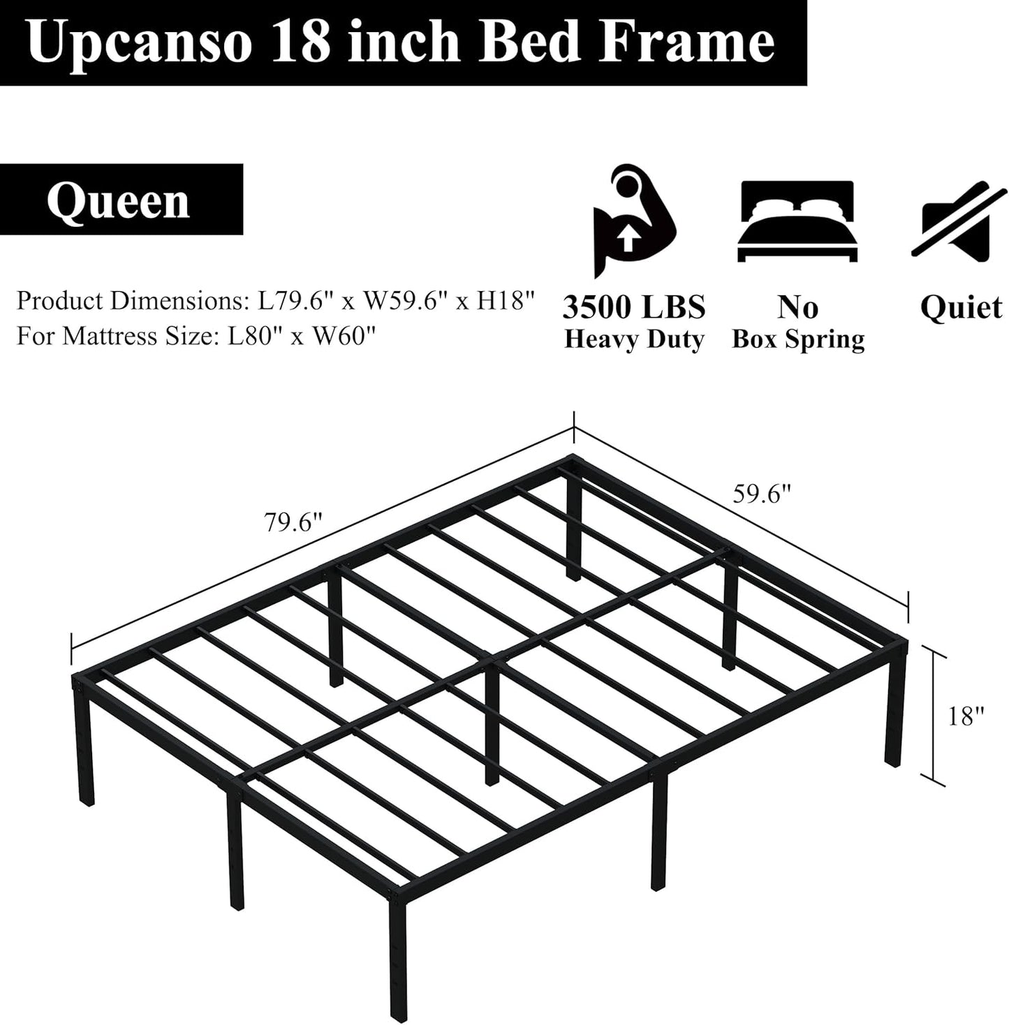 18 Inch Queen Bed Frame No Box Spring Required, Metal Platform Queen Size Bed Frames with High Storage, Eassy Assembly 3,500 Lbs Heavy Duty Bedframes, Black
