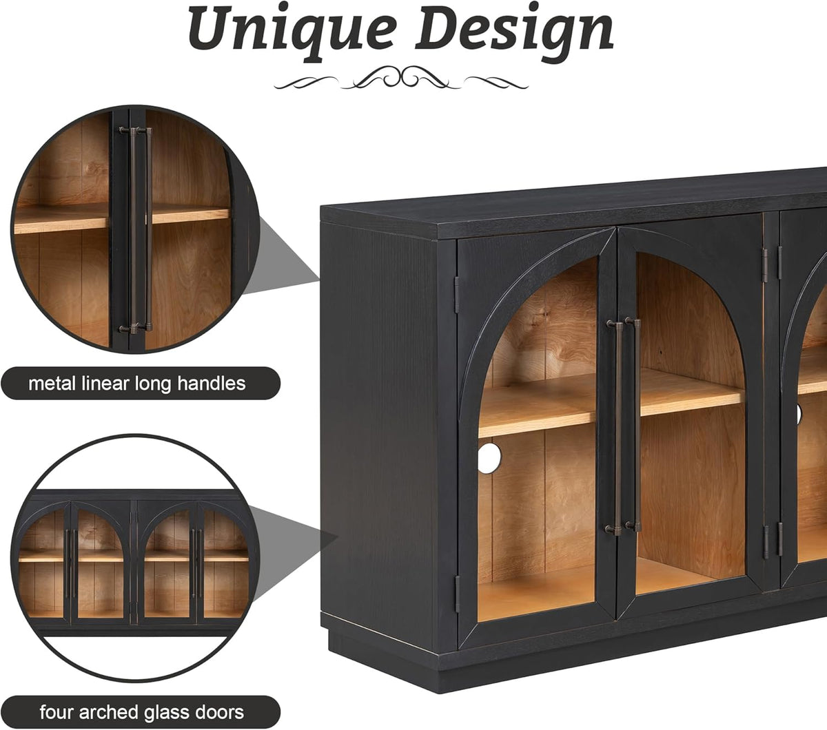 Merax Wood Farmhouse Buffet Sideboard with Adjustable Shelves and 4 Glass Doors, Coffee Bar Cabinet TV Stand for Living Room Bedroom Kitchen Black