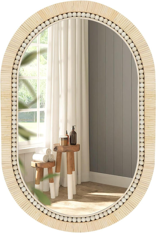 ULIKE Rattan Mirror for Bathroom, 24x36 Inch Oval Rustic Farmhouse Wall Decor with Handmade Wicker Frame, Boho Mirror for Nursery Bedroom Living Room Entryway