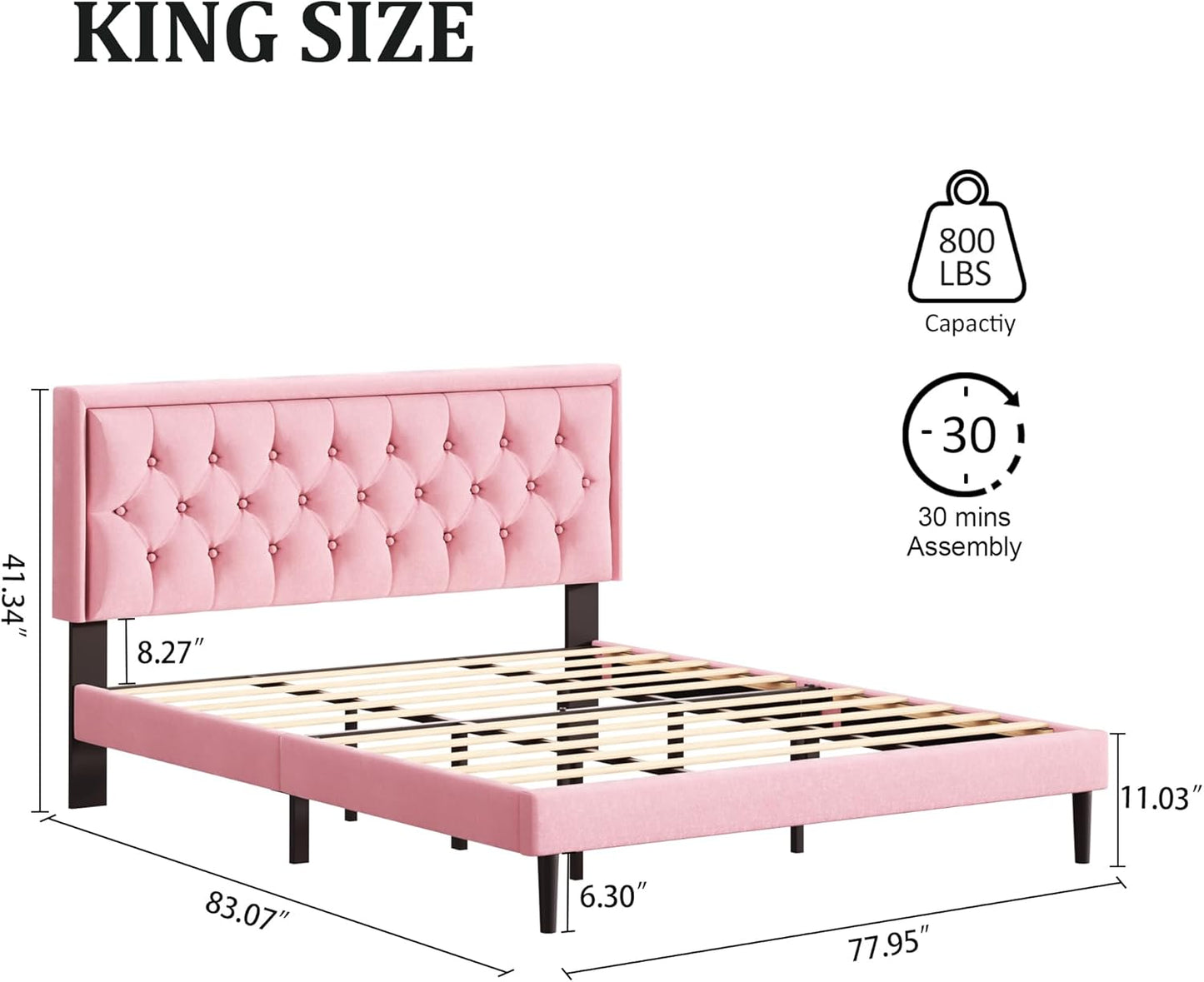 King Size Platform Bed Frame with Upholstered Velvet Button Tufted Headboard, Mattress Foundation with Wooden Slat Support, No Box Spring Needed, Easy Assembly, Noise Free, Pink