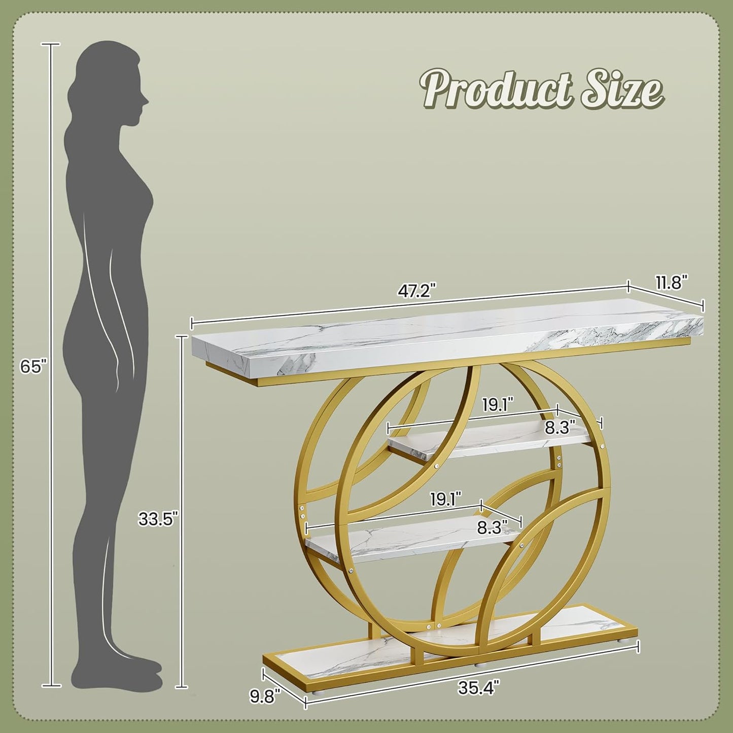 Huuger 47.2 Inch Entryway Table with Marble Top, Modern Console Sofa Table, Accent Table with Shelves, for Entry, Hallway, Entrance, Foyer, O-Shaped Metal Frame, White Marble & Gold