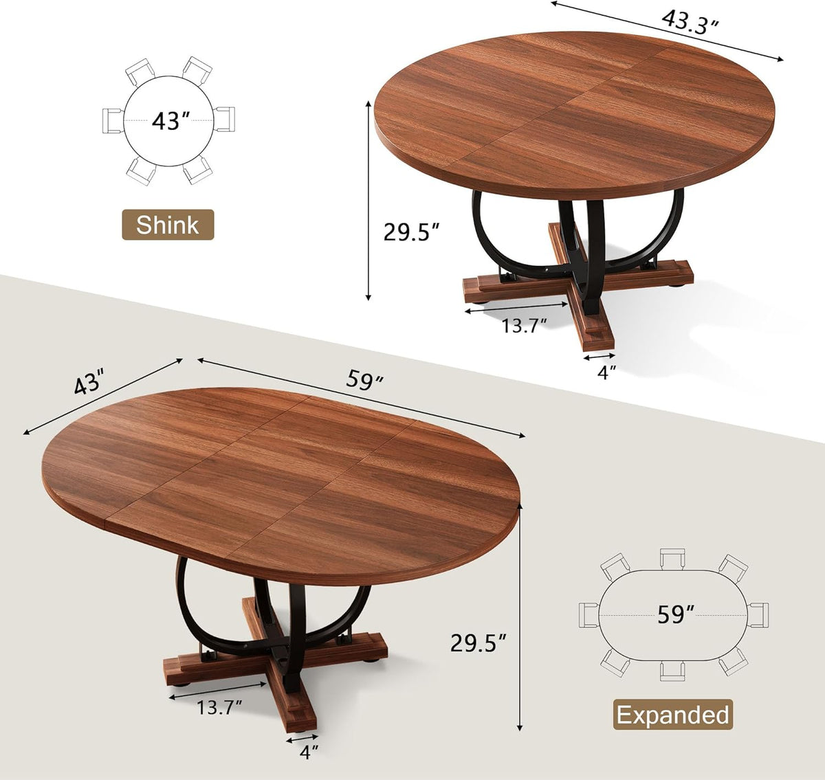 59" Round Extendable Dining Table for 4-6, Modern Oval Kitchen Table with Heavy Duty Curved Legs & Wood X-Based, MDF Board with Spring Buckle, Space Saving, Dining Kitchen Living Room, Walnut