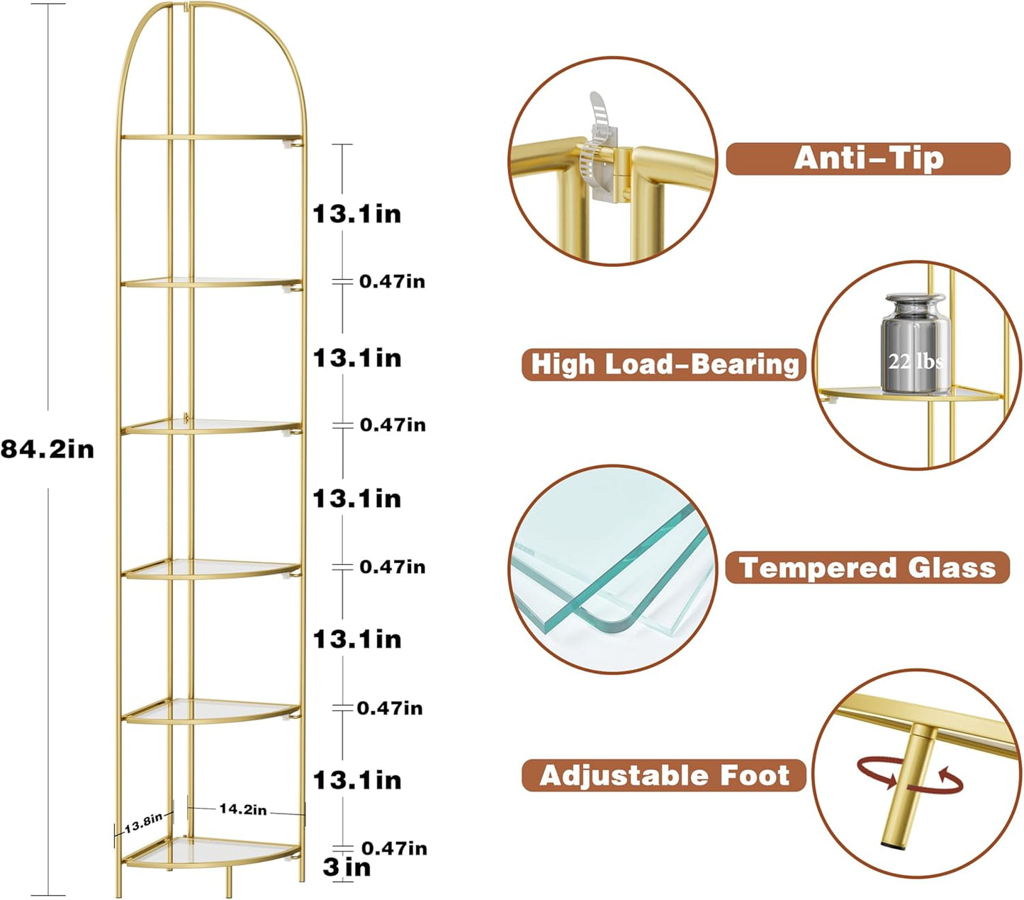 Crofy Foldable 6 Tier Corner Shelf, Metal Corner Plant Stand with Gold Frame and Transparent Shelves, Corner Display Rack Multipurpose Shelving Unit for Living Room, Bedroom, Bathroom