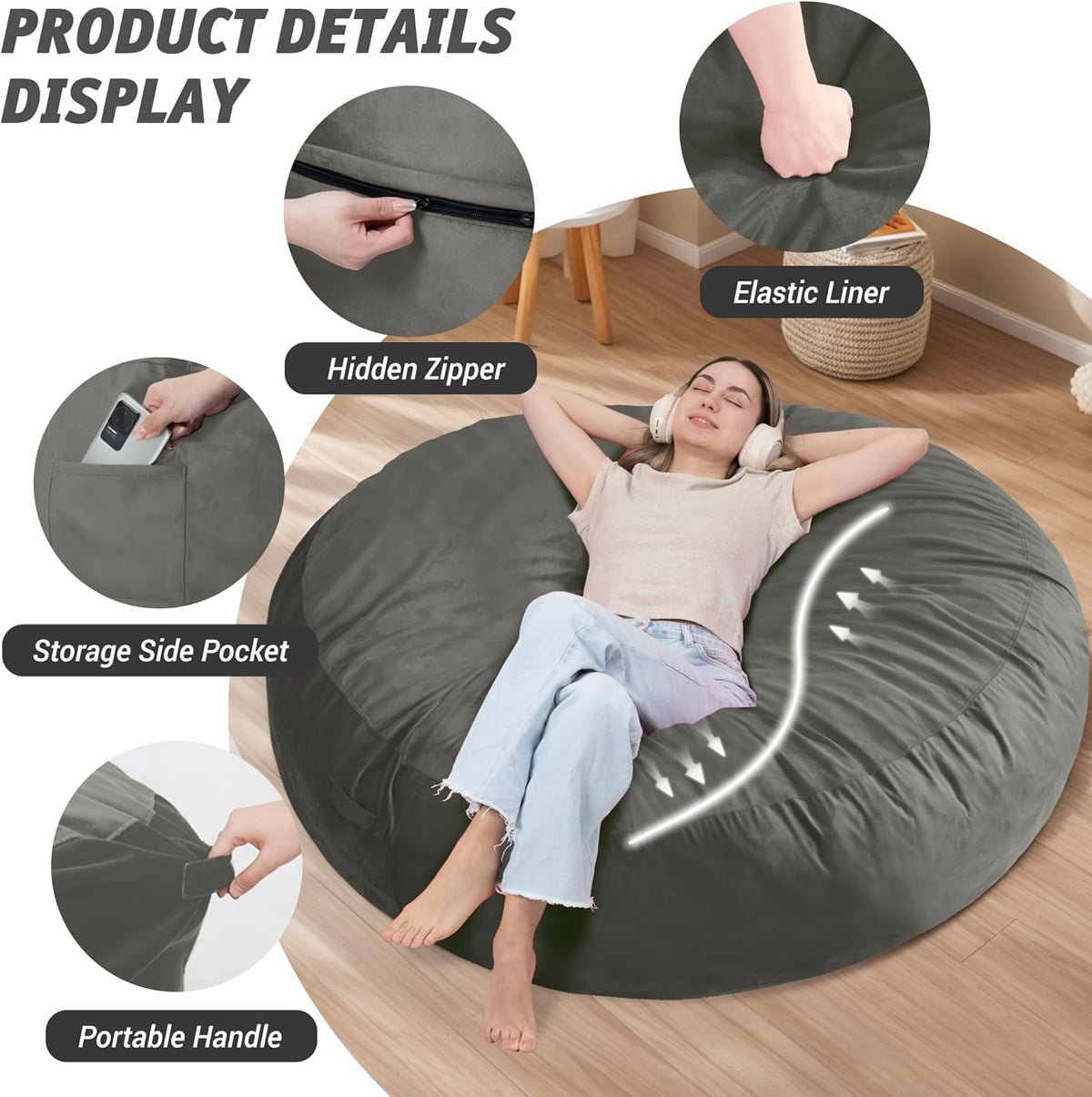 7FT Bean Bag Chair with Ultra Soft Velvet Cover Bean Bag Sofa with Memory Foam Bean Bag Chairs with Large Size Lazy Sofa for Dorm Office Living Room Bedroom Grey 7'