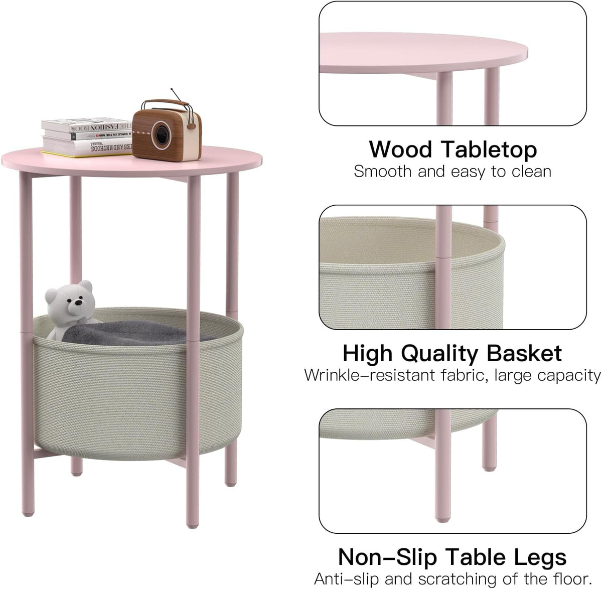 Round End Table with Fabric Basket, Bedside Table with Storage, Morden Round Nightstand, Samll Side Table for Living Room，Bathroom，Bedroom, Nursery, Laundry, Pink