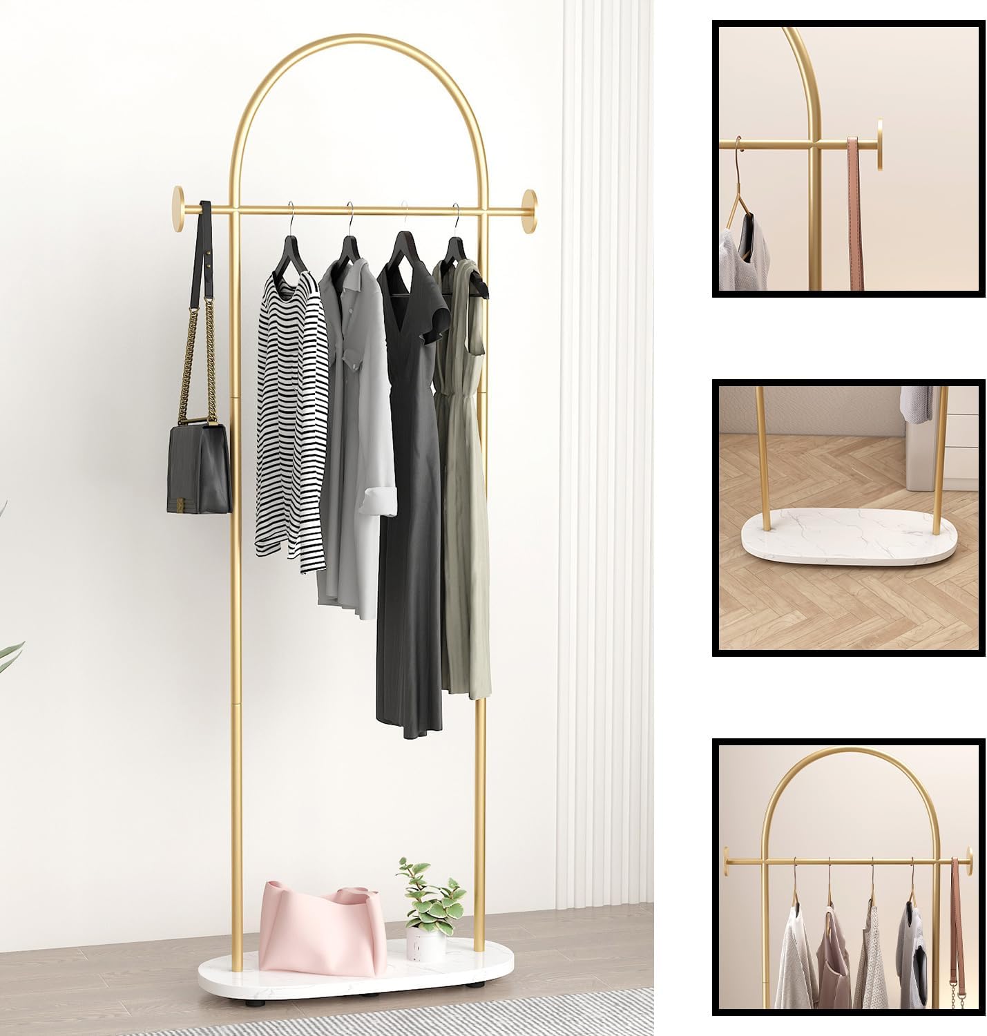 Gold Clothing Rack, Modern Clothes Rack with Shelf, Heavy Duty Freestanding Coat Rack, Metal Coat Hanger Stand with Hooks for Boutique Office