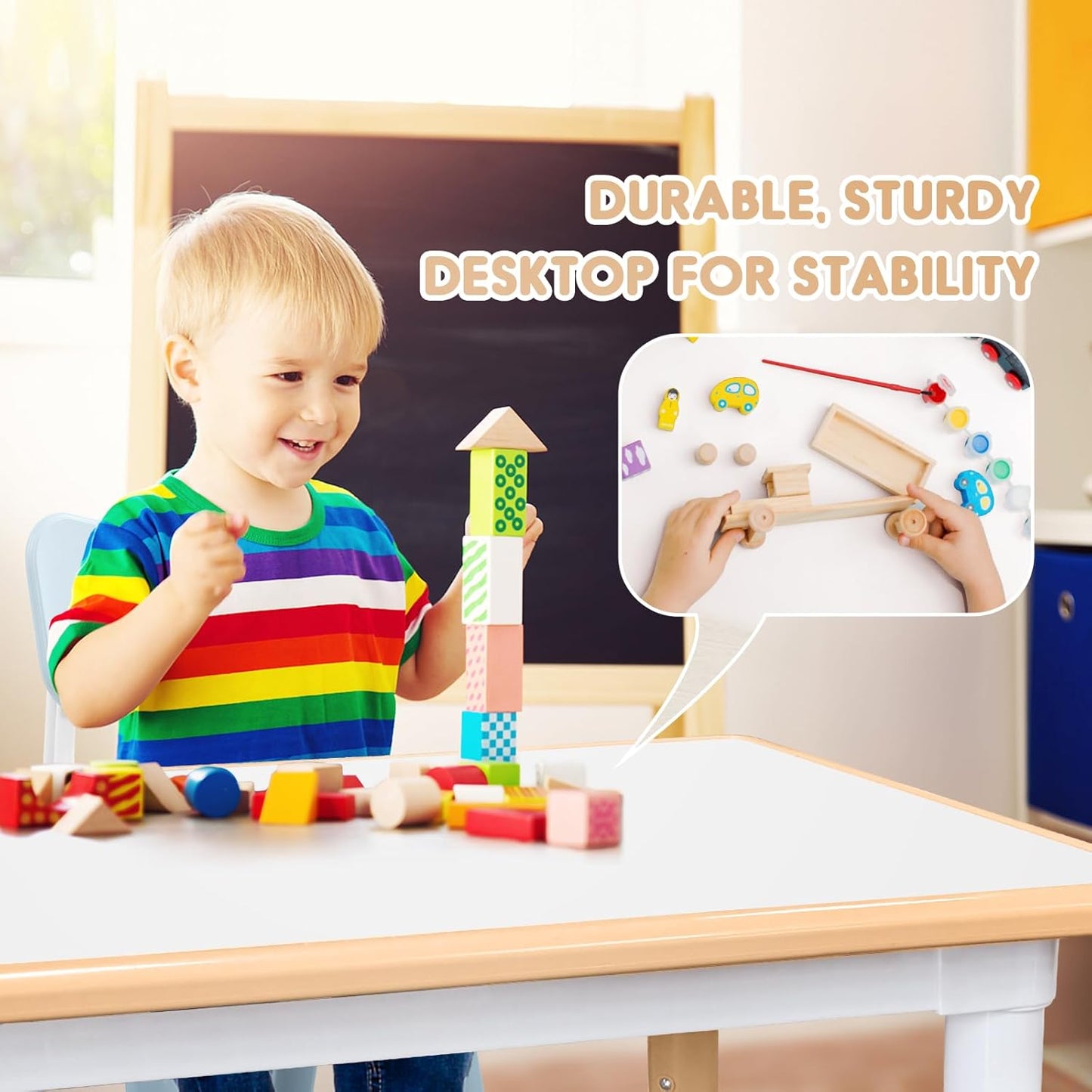 Kids Table and Chair Set Height-Adjustable Toddler & 6-Chair Set with Graffiti-Proof Desktop, Non-Slip Legs – Arts/Crafts Activity Table for Daycare Classrooms Ages 2-12