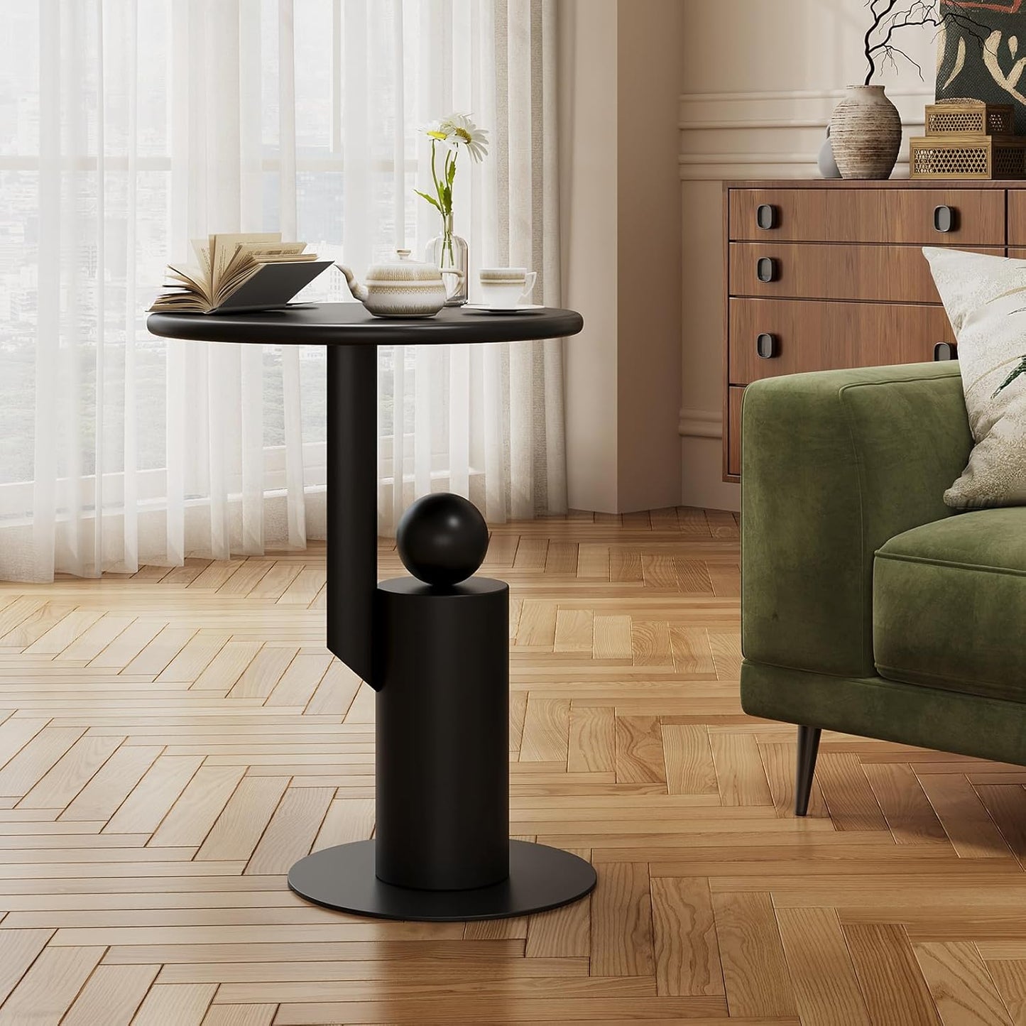 Metal Round Side Table,Matte Modern Accent End Tables Coffee Tables,Small Drink Table for Small Spaces,Pedestal Tables for Living Room, Bedroom, Corners, and Office, 21.65'' Height