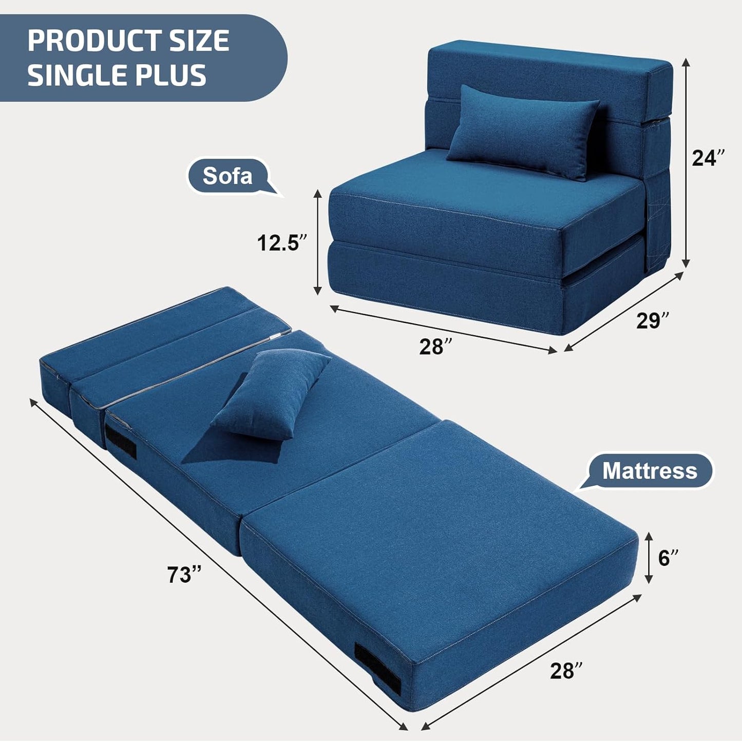 Folding Sofa Bed with Pillow- Convertible Chair Floor Couch & Sleeping Mattress, Foldable Memory Foam Sleeper for Living Room/Dorm/Guest Room/Home Office/Apartment/Loft, Single28, Navy Blue