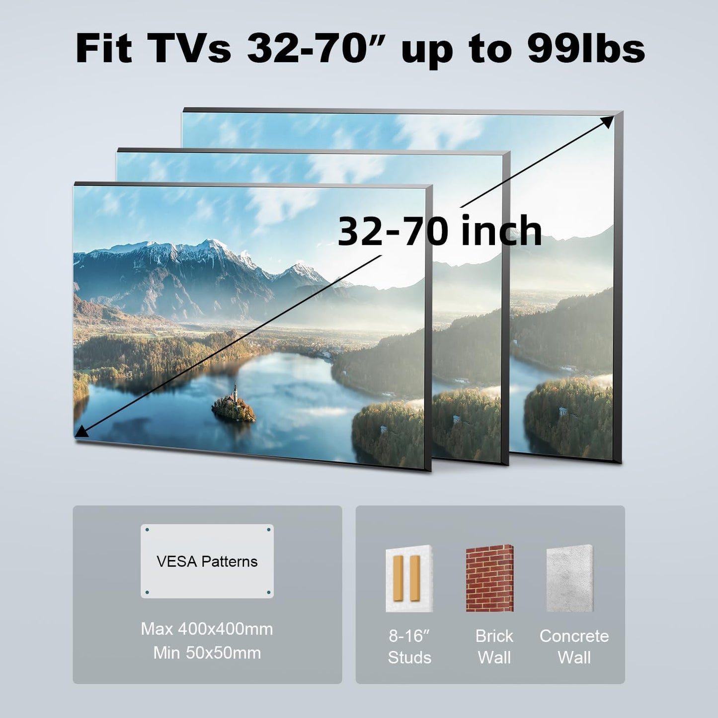 UL Listed Full Motion TV Wall Mount Bracket for Most 32-70 inch TVs, Swivel Extend Tilting TV Mount, Max VESA 400x400mm, Holds up to 99 lbs & 16" Wood Studs with Hole Drilling Template