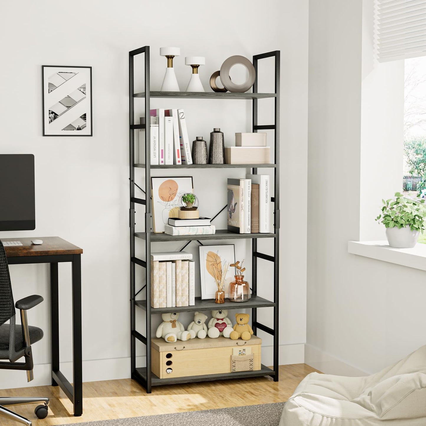 OTK 5 Tier Bookshelf, Tall Bookcase, Office Shelf Storage Organizer, Modern Book Shelf for Living Room, Bedroom, and Home Office, Dark Grey