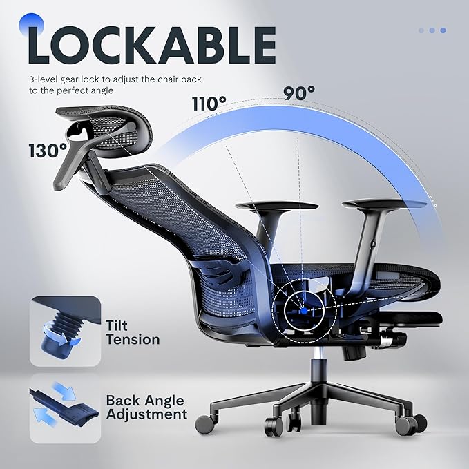 FLEXISPOT OC3 Air Ergonomic Office Chair with Footrest, High Back Computer Chair with Adjustable Lumbar Support/3D Headrest, Desk Chairs for Home Office Gaming Working, Black,Mesh Seat,Air-F