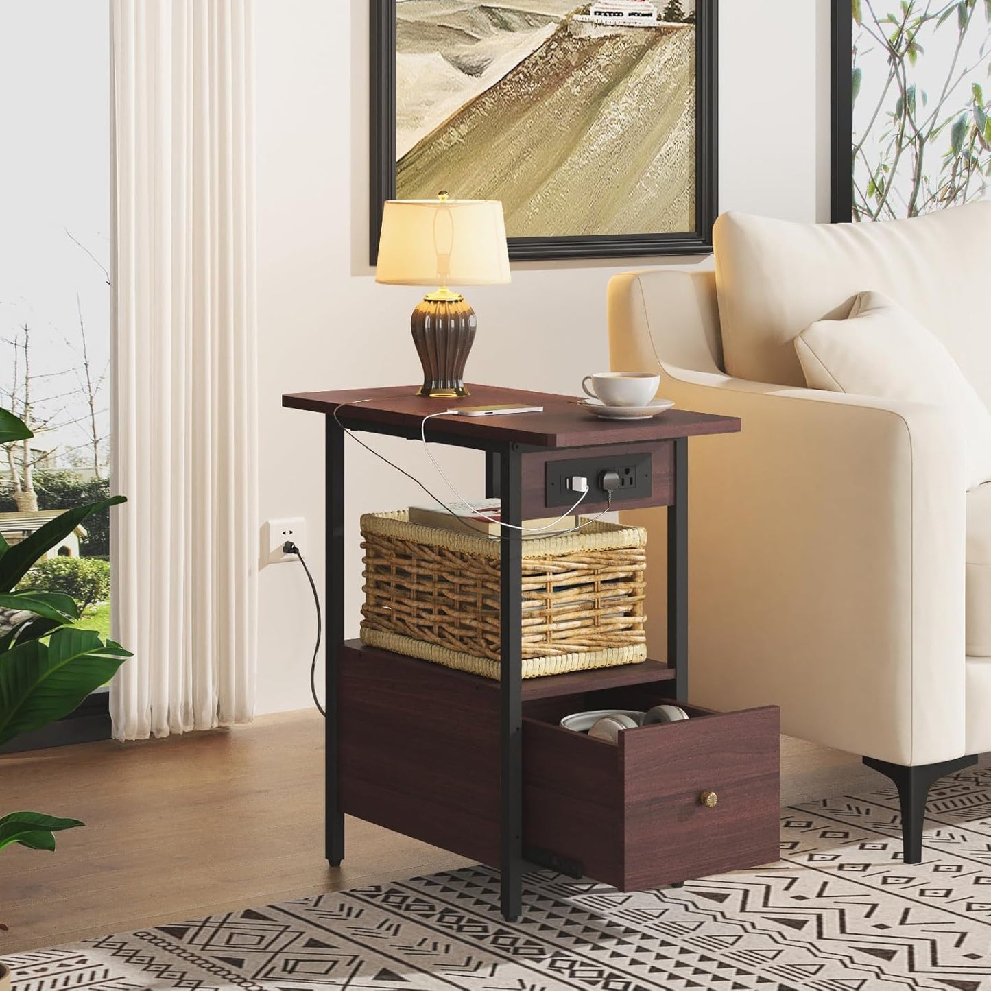 LIDYUK End Table with Charging Station, Narrow Side Table with Drawer and USB Ports & Power Outlets, Nightstand Bedside Tables for Small Spaces, Bedroom, Living Room, Dark Cherry