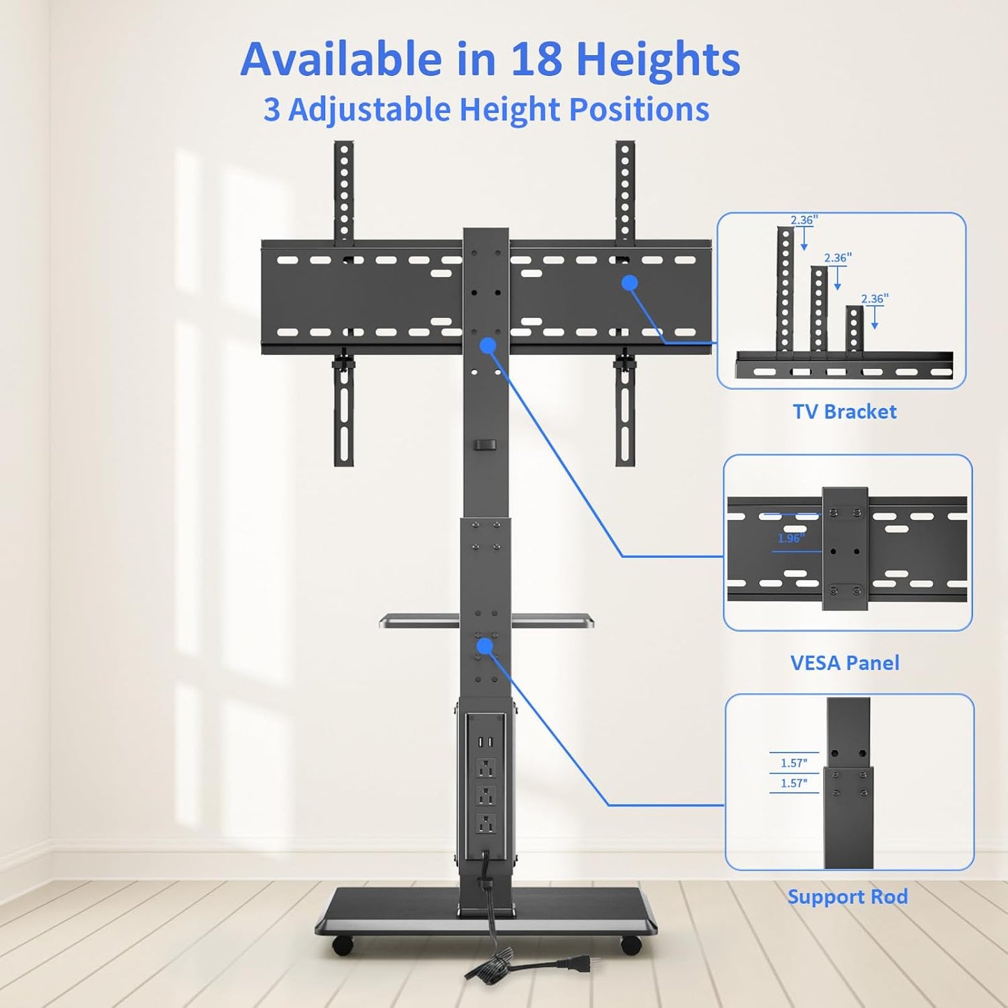 Rolling TV Stand with Power Outlet, Mobile TV Cart for 32-75 Inch TVs up to 110 lbs, 18 Adjustable Heights, Max VESA 600x400mm, TV Floor Stand with Swivel Mount/Shelf/Wheels, Fits for Bedroom, Outdoor