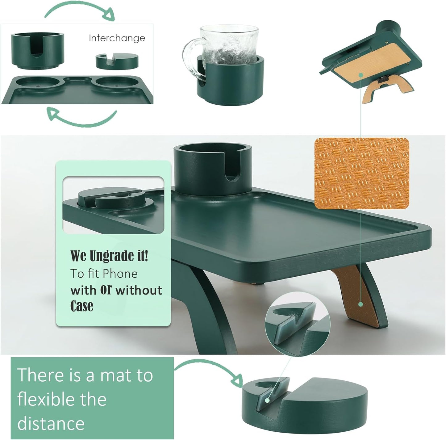 Nnewvante Couch Arm Table,3 in 1 Large 15.36"x9.85" Bamboo Sofa Arm Clip on TV Tray Table with 360°Rotated Phone/Cup Holder, Dark Green