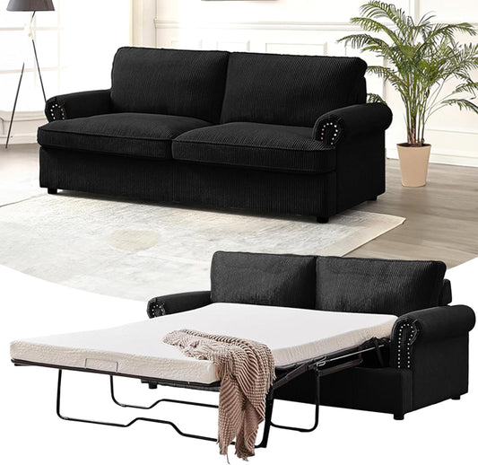 Reversible Sleeper Sofa Bed with Comfortable Memory Foam Mattress, Convertible Corduroy Full Size Pull Out Couch for Living Room, Space Saving Furniture, 72" Wide, Rounded Arms, Black