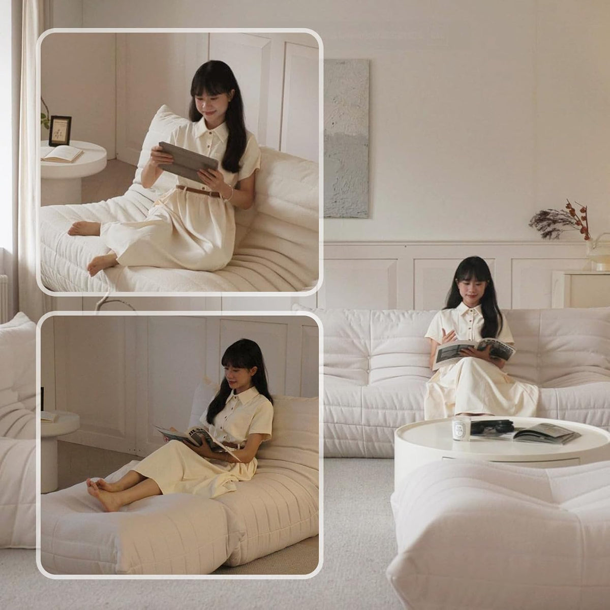 Luxury Ottomans, Modern Square Foot Rest for Sofa Couch Chair, Lazy Floor Seating, Fireside Bean Bag Chair, Tatami Sofa Lounger for Living Room, Bedroom, Office, White