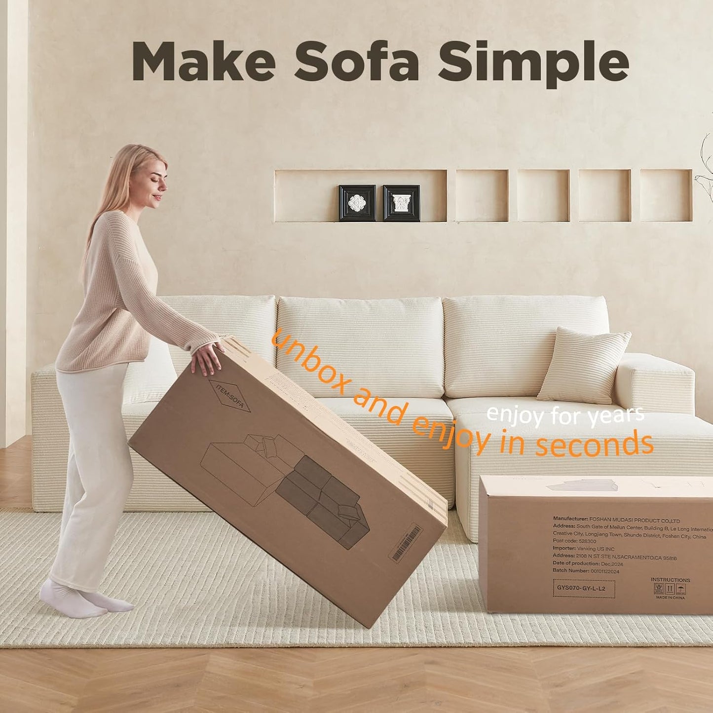 INGEROOM 108" Cloud Sectional Couch, Modular Sectional Sofa with L-Shaped Chaise, Modern Plush Corduroy Couch for Living Room Bedroom, No Assembly Required, Deep Seating（Beige）