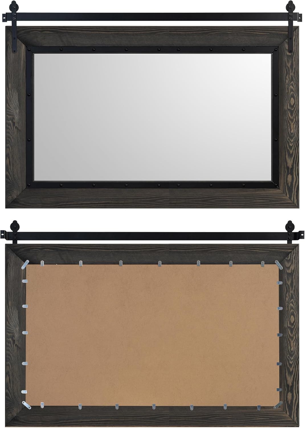 YOSHOOT Farmhouse Barn Door Mirror, 40"x26" Rustic Bathroom Mirror, Wood Frame Wall Mirror, Wooden Mirror for Living Room Bedroom Entryway Wall Décor, Horizontal Hanging ONLY