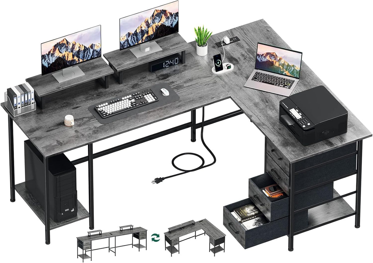 66" L Shaped Computer Desk, 94.4'' Home Office Desk with Power Outlets, 4 Adjustable Storage Drawers & 2 Monitor Stands, Large Two Person Gaming Table for Writing Study, Grey