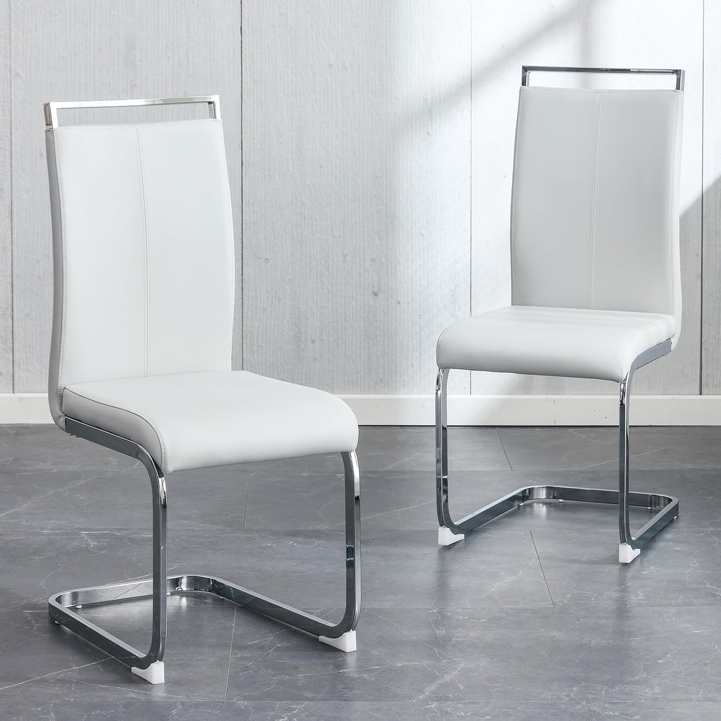 Dining Chairs Set, Kitchen Modern Metal Chairs with Faux Leather Padded Seat High Back and Sturdy Chrome Legs, Chairs for Dining Room (Light Gray, Set of 2)