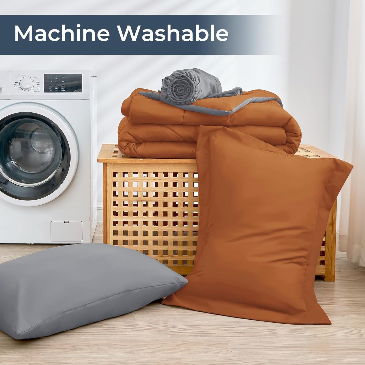 HEVUMYI Twin Comforter Set - 5-Piece All Season Bed in a Bag Twin, Ultra Soft Bedding Set with Comforter, Flat Sheet, Fitted Sheet, Pillowcases, Pillow Shams, Orange & Light Grey