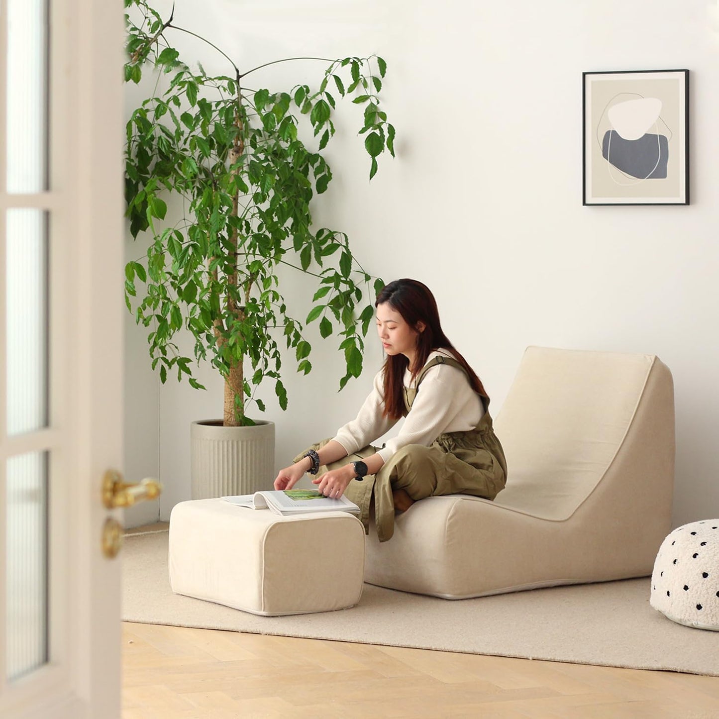 N&V Bean Bag Chair Single Seated Foam Sofa Armless Floor Sofa with High Density Foam Removable and Machine Washable Cover (Champagne, Large, No Stripes)