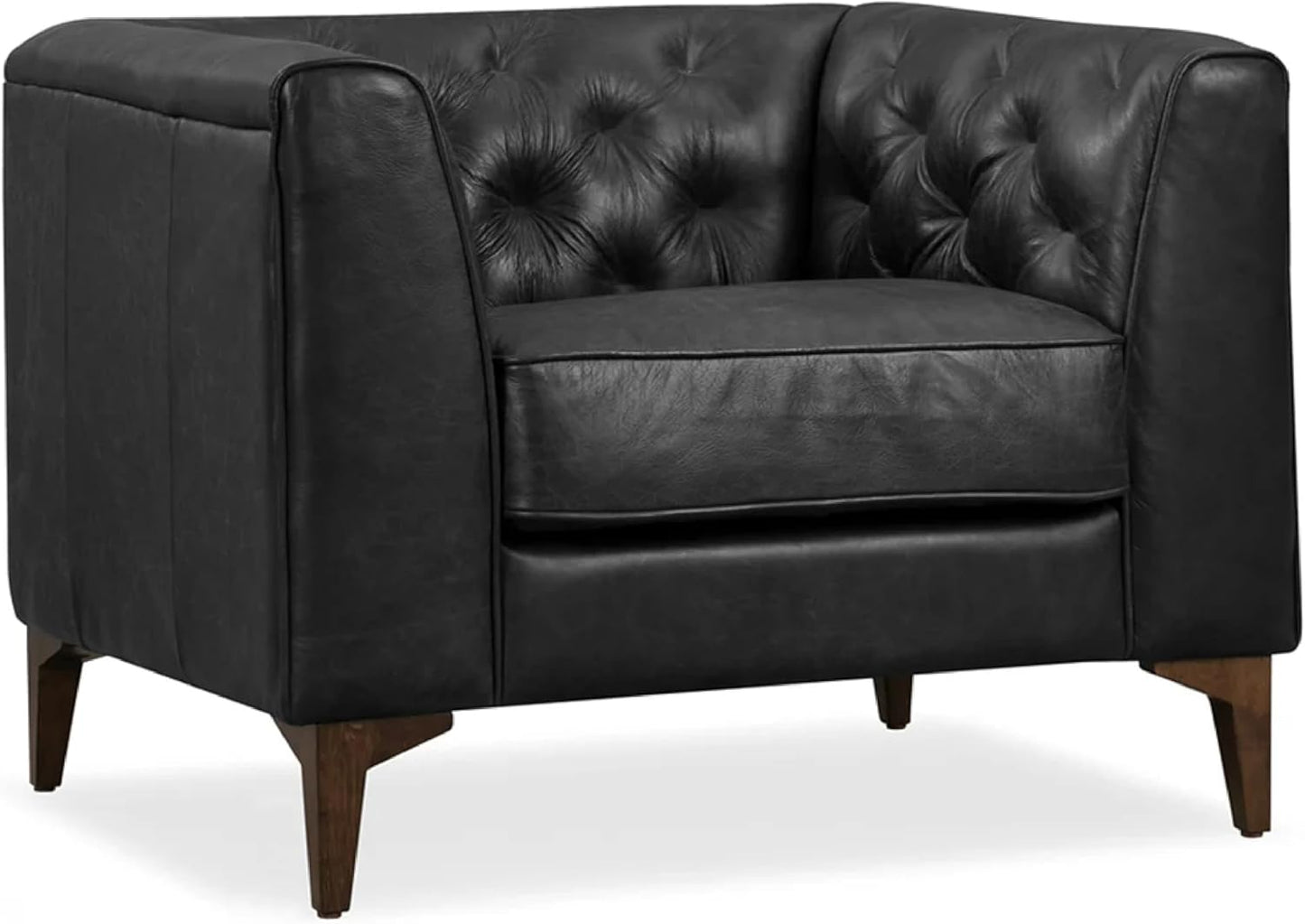Poly & Bark Essex Lounge Chair - Leather Chair with Tufted Back - Full-Grain Living Room Armchair with Feather-Down Topper - Single Couch - Vintage Italian Leather in Onyx Black