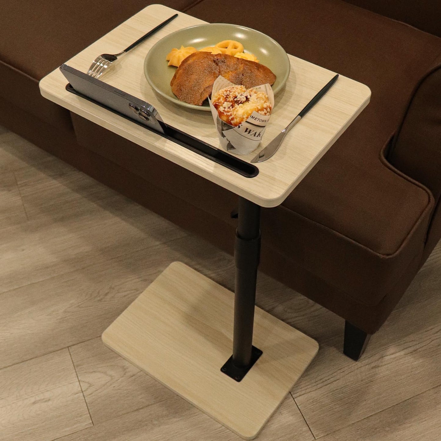 Sofa Armrest Tray Table for Couch - 360° Swivel Height Adjustable End for Small Spaces, Snack Side Table for Bed or Chair with Phone & Tablet Slot (Oak,Standard)
