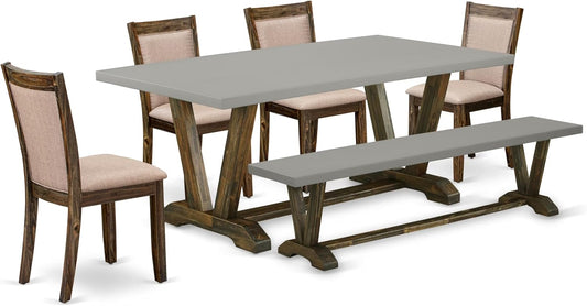 East West Furniture V797MZ716-6 6 Piece Kitchen Table Set Contains a Rectangle Dining Table with V-Legs and 4 Dark Khaki Linen Fabric Parson Chairs with a Bench, 40x72 Inch, Multi-Color