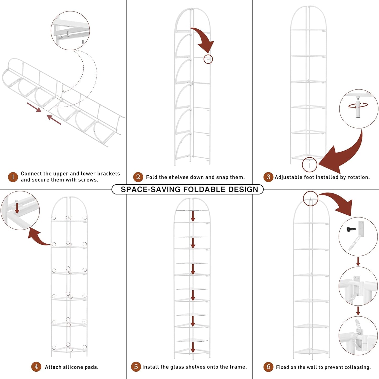 Crofy Foldable 6 Tier Corner Shelf, Metal Corner Plant Stand with White Frame and Transparent Shelves, Corner Display Rack Multipurpose Shelving Unit for Living Room, Bedroom, Bathroom