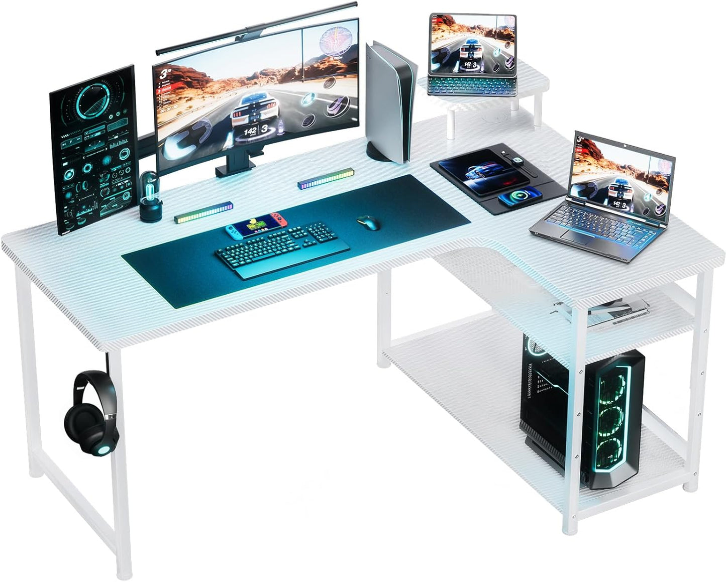 GTRACING Gaming Desk L Shaped Desk Carbon Fiber Style Computer Desks Compatible with Monitor Arm Storage Shelves Corner Desk Gaming Table for Home Office Desks Easy to Assemble Adjustable Shelf Height